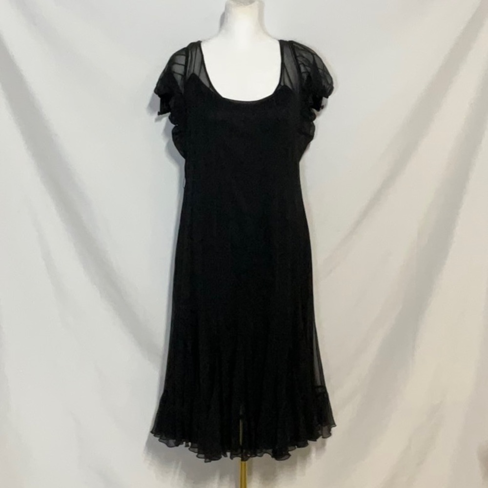 Rickie Freeman Teri Jon Black Silk Midi Dress with Sheer Overlay